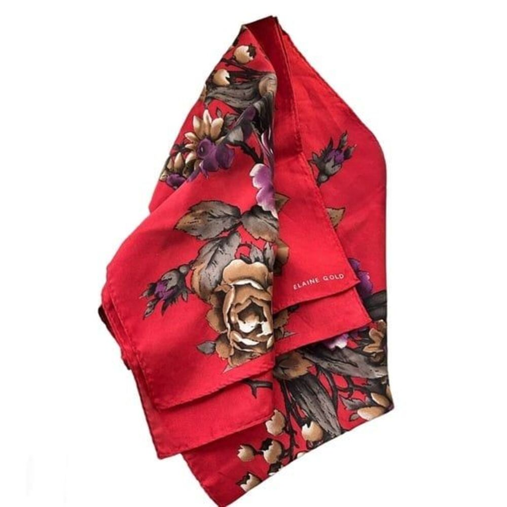 Elaine Gold Red Silk Long Scarf Big Bold Flowers Neck Wrap Vintage Accessory